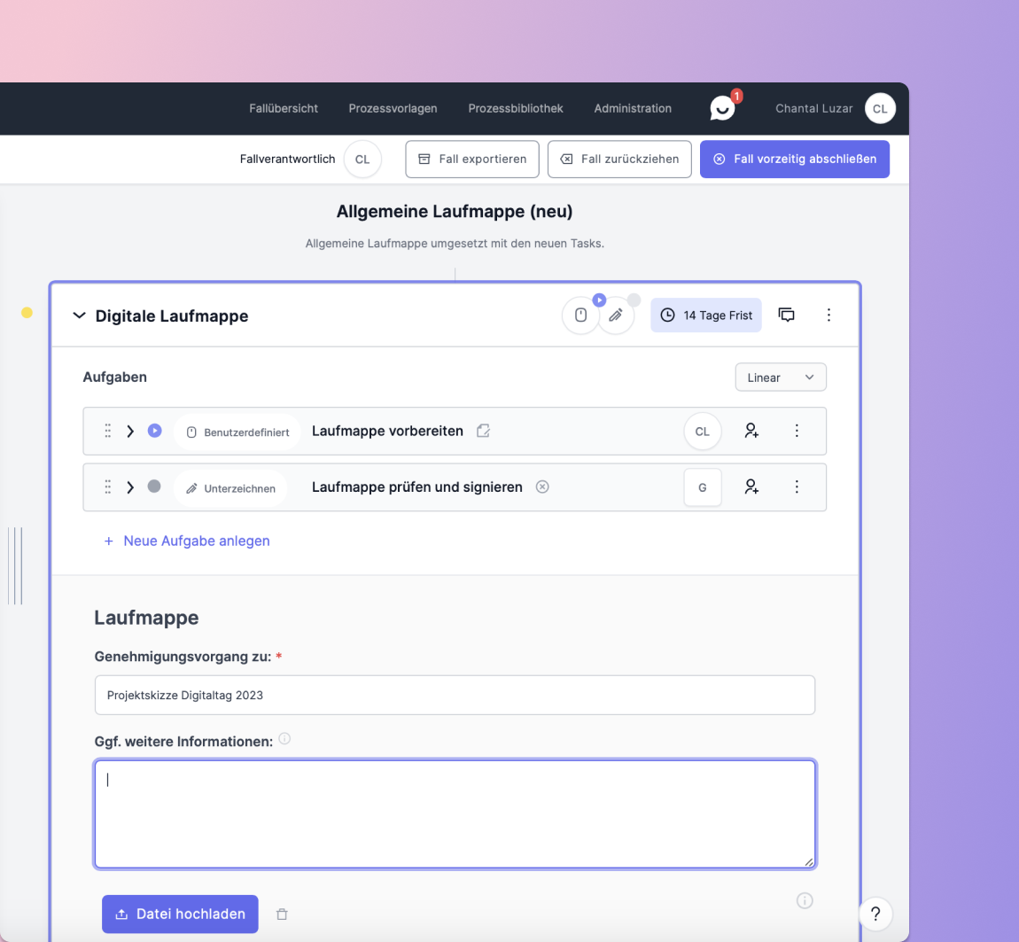 Darstellung eines geöffneten Falles im Shift Studio mit Fallbasis, in der alle relevanten Daten gesammelt werden, und einem Arbeitsschritt mit Formular und Checkliste.